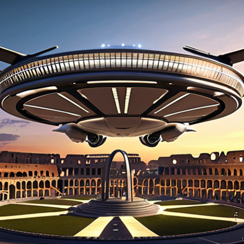 **

`A futuristic vertiport in Rome, Italy, at sunset. Electric flying taxis (eVTOLs) are landing and taking off. The vertiport is located on the rooftop of a modern building with solar panels. The Colosseum is visible in the background. The style is photorealistic with a touch of science fiction. The lighting is warm and inviting.`

**