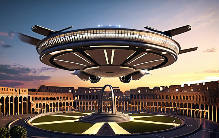 **
`A futuristic vertiport in Rome, Italy, at sunset. Electric flying taxis (eVTOLs) are landing and taking off. The vertiport is located on the rooftop of a modern building with solar panels. The Colosseum is visible in the background. The style is photorealistic with a touch of science fiction. The lighting is warm and inviting.`
**