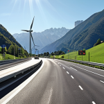 A high-tech, multi-lane autostrada in the Italian Alps on a sunny day. Integrated sensors glow subtly within the asphalt. Cars communicate wirelessly with overhead digital signs displaying real-time traffic updates and suggested detours. Solar panels are subtly integrated into the road surface. In the distance, wind turbines spin, representing renewable energy.