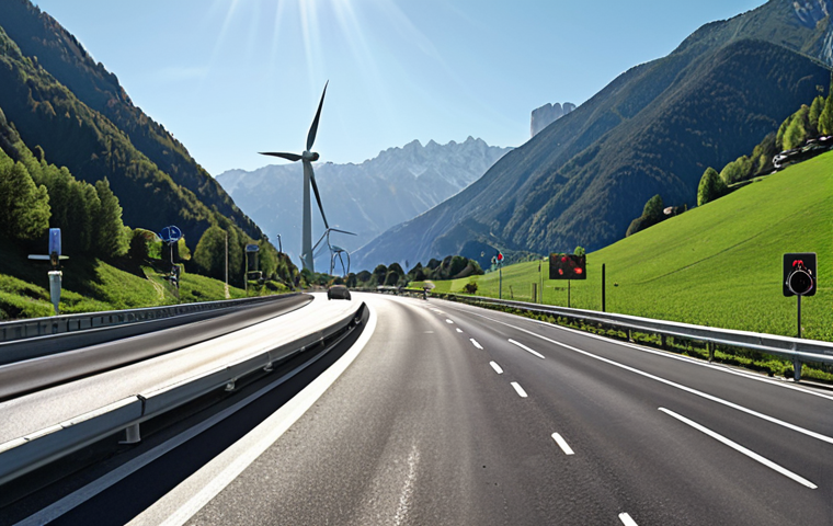 A high-tech, multi-lane autostrada in the Italian Alps on a sunny day. Integrated sensors glow subtly within the asphalt. Cars communicate wirelessly with overhead digital signs displaying real-time traffic updates and suggested detours. Solar panels are subtly integrated into the road surface. In the distance, wind turbines spin, representing renewable energy.