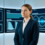 A professional legal expert in a modest business suit, standing confidently in a sleek, modern office. Behind her, holographic displays show intertwining legal codes and complex data structures, symbolizing the intricate regulatory landscape of autonomous vehicles. The scene conveys deep thought and the challenge of integrating advanced technology with law. The lighting is professional and clear, emphasizing precision and clarity. Fully clothed, appropriate attire, safe for work, perfect anatomy, correct proportions, professional photography, high quality, well-formed hands, proper finger count, natural body proportions, professional, appropriate content, family-friendly.