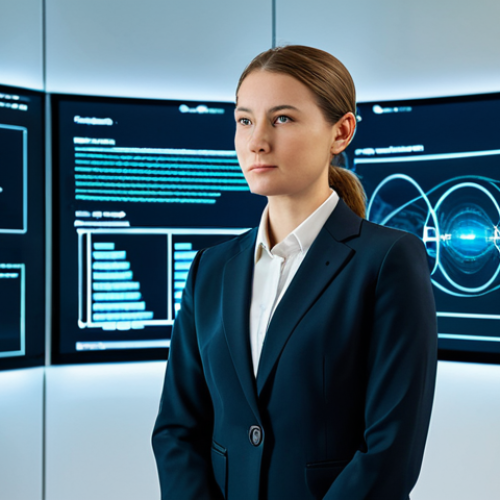 A professional legal expert in a modest business suit, standing confidently in a sleek, modern office. Behind her, holographic displays show intertwining legal codes and complex data structures, symbolizing the intricate regulatory landscape of autonomous vehicles. The scene conveys deep thought and the challenge of integrating advanced technology with law. The lighting is professional and clear, emphasizing precision and clarity. Fully clothed, appropriate attire, safe for work, perfect anatomy, correct proportions, professional photography, high quality, well-formed hands, proper finger count, natural body proportions, professional, appropriate content, family-friendly.