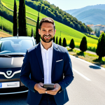 A professional Italian e-driver, a man in his 30s, stands beside a sleek, modern electric vehicle. He is dressed in a professional, modest business casual outfit, including a smart jacket and trousers. The setting is a scenic Italian highway service area, with contemporary charging stations and a backdrop of sun-kissed Italian rolling hills and cypress trees. The e-driver is attentively checking a charging app on his smartphone, with a focused yet calm expression. The scene is captured with high-quality professional photography, featuring natural lighting and sharp focus. safe for work, appropriate content, fully clothed, professional dress, perfect anatomy, correct proportions, natural pose, well-formed hands, proper finger count, natural body proportions, family-friendly.