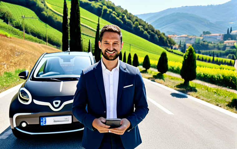 A professional Italian e-driver, a man in his 30s, stands beside a sleek, modern electric vehicle. He is dressed in a professional, modest business casual outfit, including a smart jacket and trousers. The setting is a scenic Italian highway service area, with contemporary charging stations and a backdrop of sun-kissed Italian rolling hills and cypress trees. The e-driver is attentively checking a charging app on his smartphone, with a focused yet calm expression. The scene is captured with high-quality professional photography, featuring natural lighting and sharp focus. safe for work, appropriate content, fully clothed, professional dress, perfect anatomy, correct proportions, natural pose, well-formed hands, proper finger count, natural body proportions, family-friendly.