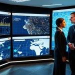 A professional team of urban planners and data analysts, fully clothed in modest business suits and professional dress, standing in a sophisticated, high-tech smart city control room. Large, panoramic interactive screens display intricate real-time traffic flow visualizations, predictive analytics graphs, and dynamic city maps with glowing data points. The environment is modern, clean, and futuristic, with efficient ambient lighting, conveying innovation and operational excellence. Professional photography, cinematic lighting, high resolution, ultra-detailed, sharp focus, perfect anatomy, correct proportions, natural pose, well-formed hands, proper finger count, natural body proportions, appropriate attire, safe for work, appropriate content, family-friendly.