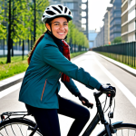 친환경 운송 - Urban Cyclist**

"A professional woman in a fully clothed, modest outfit suitable for cycling (e.g.,...