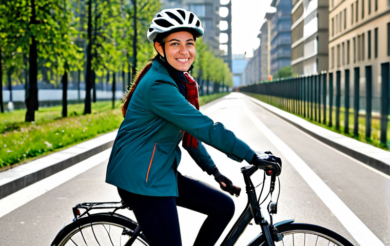 친환경 운송 - Urban Cyclist**

"A professional woman in a fully clothed, modest outfit suitable for cycling (e.g.,...