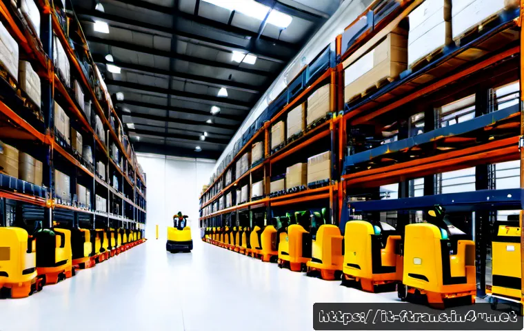 Home 10 스마트 물류 시스템 - Photorealistic modern smart logistics warehouse in northern Italy, diverse Italian warehouse team in...