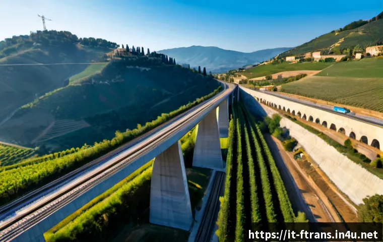 고속철도 건설 - Photorealistic aerial view of high-speed railway construction crossing the rolling hills of central ...