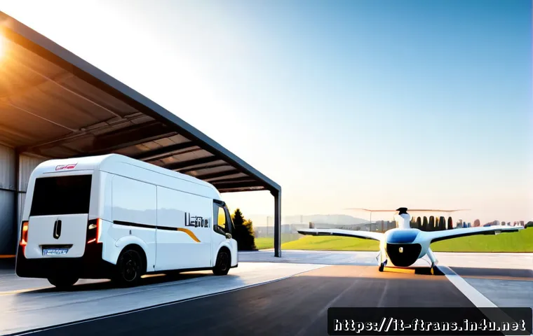 미래 운송 기업들 - Photorealistic futuristic logistics hub in northern Italy at sunrise, an autonomous electric deliver...