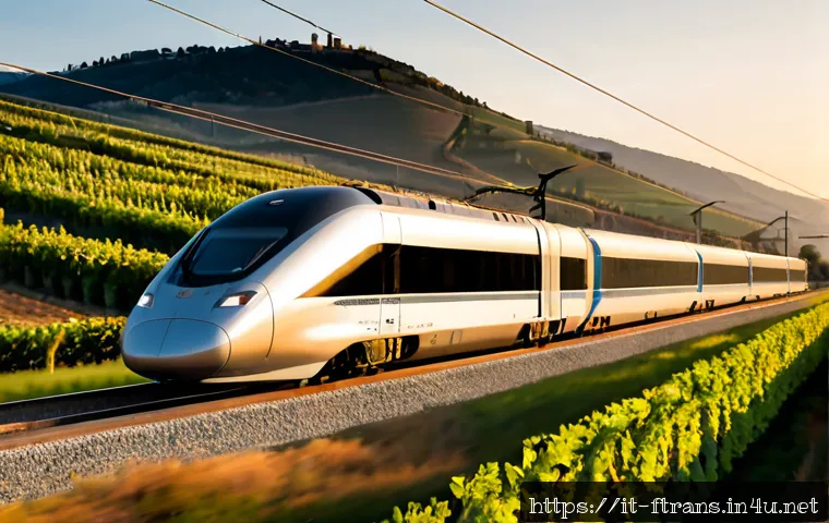 Home 17 고속철도 세계 기술 - Photorealistic high-speed electric train gliding through the Italian countryside at sunrise, sleek a...