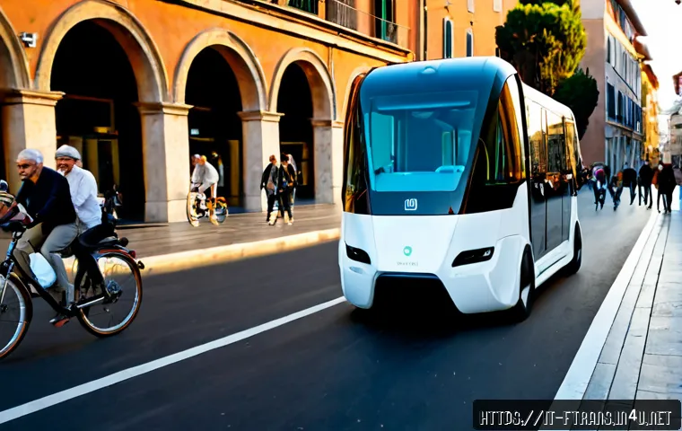 Home 17 모빌리티 혁신 기술 - Photorealistic smart mobility scene in a modern Italian city, a sleek autonomous electric shuttle gl...