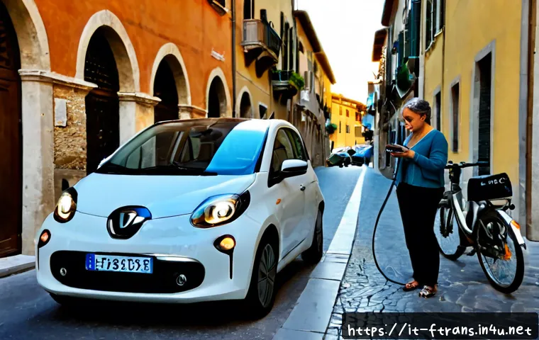 Home 17 공유 경제와 스마트 모빌리티 - Photorealistic shared electric car pickup scene in a historic Italian city street, a middle-aged wom...