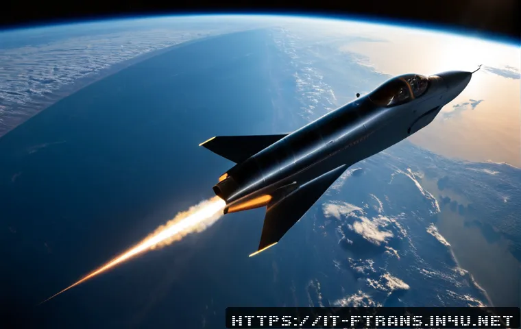 우주 비행기 - Photorealistic sleek spaceplane gliding above Earth’s curved horizon, silver heat-resistant fuselage...